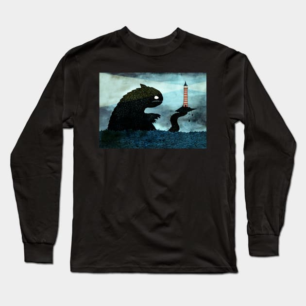 Sea Monster & Lighthouse Long Sleeve T-Shirt by djrbennett